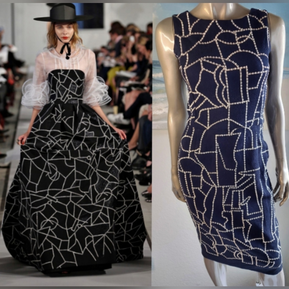 $5,700 OSCAR DE LA RENTA EXCLU BEAD CUBISM PICASSO ART SILK RUNWAY DRESS US S